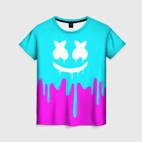 Женская футболка 3D с принтом MARSHMELLO в Тюмени, 100% полиэфир ( синтетическое хлопкоподобное полотно) | прямой крой, круглый вырез горловины, длина до линии бедер | colors | dj | marshmello | paints | usa | америка | брызги | клубная музыка | краска | маршмелло | музыка | музыкант