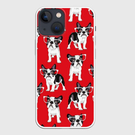 Чехол для iPhone 13 mini с принтом Французские бульдоги в Тюмени,  |  | animals | background | breed | bulldogs | dogs | french | illustration | painting | puppies | red | бульдоги | живопись | животные | иллюстрация | красный | очки | порода | собаки | фон | французские | щенки