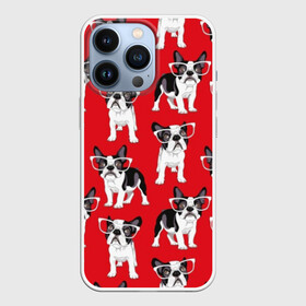 Чехол для iPhone 13 Pro с принтом Французские бульдоги в Тюмени,  |  | animals | background | breed | bulldogs | dogs | french | illustration | painting | puppies | red | бульдоги | живопись | животные | иллюстрация | красный | очки | порода | собаки | фон | французские | щенки