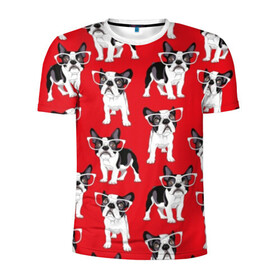 Мужская футболка 3D спортивная с принтом Французские бульдоги в Тюмени, 100% полиэстер с улучшенными характеристиками | приталенный силуэт, круглая горловина, широкие плечи, сужается к линии бедра | animals | background | breed | bulldogs | dogs | french | illustration | painting | puppies | red | бульдоги | живопись | животные | иллюстрация | красный | очки | порода | собаки | фон | французские | щенки