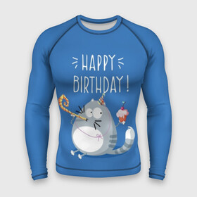 Мужской рашгард 3D с принтом Happy birthday в Тюмени,  |  | berry | birthday | cake | cap | cat | cherry | gray | holds | holiday | inscription | party | sits | striped | sweetness | вечеринка | вишня | день рождения | держит | колпак | кот | надпись | пирожное | полосатый | праздник | серый | сидит | сладость | я