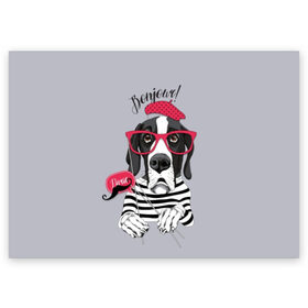 Поздравительная открытка с принтом Привет! в Тюмени, 100% бумага | плотность бумаги 280 г/м2, матовая, на обратной стороне линовка и место для марки
 | animal | beret | breed | dog | france | german | illustration | inscription | mustache | paris | vest | берет | дог | животное | иллюстрация | надпись | немецкий | очки | париж | порода | собака | тельняшка | усы | франция