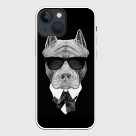 Чехол для iPhone 13 mini с принтом Питбуль в Тюмени,  |  | animals | black | black and white | cool | dog | fight | gentleman | head | illustration | pitbull | swag | white | авторитет | белая | бойцовый | галстук бабочка | голова | джентльмен | животные | иллюстрация | костюм | крутой | очки | 