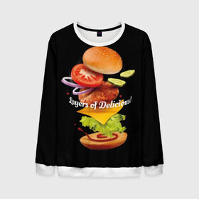 Мужской свитшот 3D с принтом Гамбургер в Тюмени, 100% полиэстер с мягким внутренним слоем | круглый вырез горловины, мягкая резинка на манжетах и поясе, свободная посадка по фигуре | Тематика изображения на принте: bun | cheese | cucumber | explosion | hamburger | ingredients | inscription | ketchup | meat | onion | salad | sesame | share | tomato | tomatoes | булочка | взрыв | гамбургер | доля | ингредиенты | кетчуп | кунжут | лук | мясо | надпись | огурец | помидо