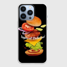 Чехол для iPhone 13 Pro с принтом Гамбургер в Тюмени,  |  | bun | cheese | cucumber | explosion | hamburger | ingredients | inscription | ketchup | meat | onion | salad | sesame | share | tomato | tomatoes | булочка | взрыв | гамбургер | доля | ингредиенты | кетчуп | кунжут | лук | мясо | надпись | огурец | помидо