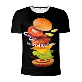 Мужская футболка 3D спортивная с принтом Гамбургер в Тюмени, 100% полиэстер с улучшенными характеристиками | приталенный силуэт, круглая горловина, широкие плечи, сужается к линии бедра | bun | cheese | cucumber | explosion | hamburger | ingredients | inscription | ketchup | meat | onion | salad | sesame | share | tomato | tomatoes | булочка | взрыв | гамбургер | доля | ингредиенты | кетчуп | кунжут | лук | мясо | надпись | огурец | помидо