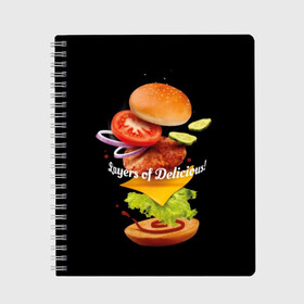 Тетрадь с принтом Гамбургер в Тюмени, 100% бумага | 48 листов, плотность листов — 60 г/м2, плотность картонной обложки — 250 г/м2. Листы скреплены сбоку удобной пружинной спиралью. Уголки страниц и обложки скругленные. Цвет линий — светло-серый
 | bun | cheese | cucumber | explosion | hamburger | ingredients | inscription | ketchup | meat | onion | salad | sesame | share | tomato | tomatoes | булочка | взрыв | гамбургер | доля | ингредиенты | кетчуп | кунжут | лук | мясо | надпись | огурец | помидо