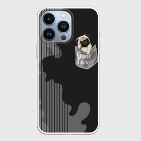 Чехол для iPhone 13 Pro с принтом Мопс в кармане в Тюмени,  |  | animal | breed | dog | funny | illustration | imprint | paw | pocket | pug | puppy | sits | small | trace | животное | иллюстрация | карман | лапа | маленький | мопс | отпечаток | порода | сидит | след | смешная | собака | щенок