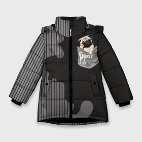 Зимняя куртка для девочек 3D с принтом Мопс в кармане в Тюмени, ткань верха — 100% полиэстер; подклад — 100% полиэстер, утеплитель — 100% полиэстер. | длина ниже бедра, удлиненная спинка, воротник стойка и отстегивающийся капюшон. Есть боковые карманы с листочкой на кнопках, утяжки по низу изделия и внутренний карман на молнии. 

Предусмотрены светоотражающий принт на спинке, радужный светоотражающий элемент на пуллере молнии и на резинке для утяжки. | animal | breed | dog | funny | illustration | imprint | paw | pocket | pug | puppy | sits | small | trace | животное | иллюстрация | карман | лапа | маленький | мопс | отпечаток | порода | сидит | след | смешная | собака | щенок