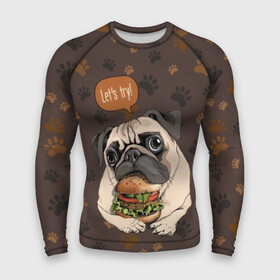 Мужской рашгард 3D с принтом lets try в Тюмени,  |  | animal | breed | dog | food | funny | hamburger | illustration | inscription | meat | pug | puppy | sandwich | small | tomato | tomatoe | try | булочка | бутерброд | гамбургер | давай | еда | животное | иллюстрация | кушает | маленький | мопс | мясо | над