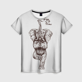 Женская футболка 3D с принтом Yoga time в Тюмени, 100% полиэфир ( синтетическое хлопкоподобное полотно) | прямой крой, круглый вырез горловины, длина до линии бедер | animal | culture | elephant | graphics | india | indian | meditation | posture | stand | yoga | графика | животное | индийский | индия | йога | культура | медитация | слон | стойка