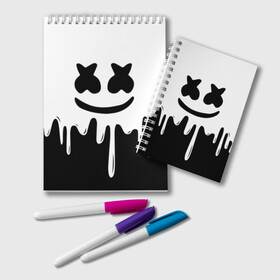 Блокнот с принтом MELLO BLACK x WHITE MARSHMELLO в Тюмени, 100% бумага | 48 листов, плотность листов — 60 г/м2, плотность картонной обложки — 250 г/м2. Листы скреплены удобной пружинной спиралью. Цвет линий — светло-серый
 | Тематика изображения на принте: colors | dj | marshmello | paints | usa | абстракция | америка | звезда | клубная музыка | космический | краски | маршмелло | музыка | музыкант