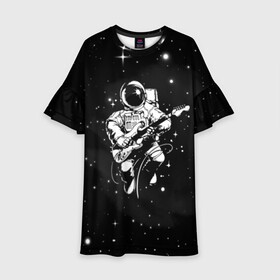 Детское платье 3D с принтом Cosmorock в Тюмени, 100% полиэстер | прямой силуэт, чуть расширенный к низу. Круглая горловина, на рукавах — воланы | Тематика изображения на принте: cosmonaut | cosmos | guitar | music | rock | space | spacesuit | star | гитара | звезда | космонавт | космос | музыка | скафандр