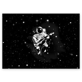 Поздравительная открытка с принтом Cosmorock в Тюмени, 100% бумага | плотность бумаги 280 г/м2, матовая, на обратной стороне линовка и место для марки
 | Тематика изображения на принте: cosmonaut | cosmos | guitar | music | rock | space | spacesuit | star | гитара | звезда | космонавт | космос | музыка | скафандр
