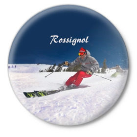Значок с принтом Rossignol в Тюмени,  металл | круглая форма, металлическая застежка в виде булавки | france | movement | rossignol | snow | speed | вершина | горные лыжи | горы | движение | скорость | снег | франция