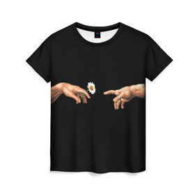 Женская футболка 3D с принтом Сотворение Адама в Тюмени, 100% полиэфир ( синтетическое хлопкоподобное полотно) | прямой крой, круглый вырез горловины, длина до линии бедер | палец к пальцу | ромашка | рука к руке | цветы