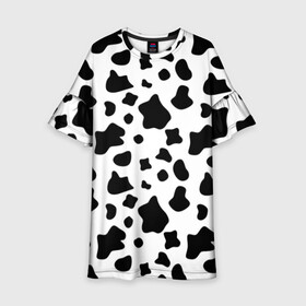 Детское платье 3D с принтом Корова в Тюмени, 100% полиэстер | прямой силуэт, чуть расширенный к низу. Круглая горловина, на рукавах — воланы | animal | black white | cow | pattern | животное | кавай | корова | паттерн | пятна | черно белое