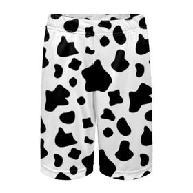 Детские спортивные шорты 3D с принтом Корова в Тюмени,  100% полиэстер
 | пояс оформлен широкой мягкой резинкой, ткань тянется
 | animal | black white | cow | pattern | животное | кавай | корова | паттерн | пятна | черно белое