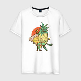 Мужская футболка хлопок с принтом Пицца и Ананас в Тюмени, 100% хлопок | прямой крой, круглый вырез горловины, длина до линии бедер, слегка спущенное плечо. | 