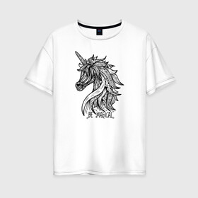 Женская футболка хлопок Oversize с принтом Единорог Мандала в Тюмени, 100% хлопок | свободный крой, круглый ворот, спущенный рукав, длина до линии бедер
 | mandala | unicorn | абстракция | единорог | надпись