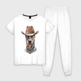 Женская пижама хлопок с принтом Доберман в Тюмени, 100% хлопок | брюки и футболка прямого кроя, без карманов, на брюках мягкая резинка на поясе и по низу штанин | dobermann | dog | доберман | собака | собаки