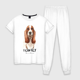 Женская пижама хлопок с принтом Бассет-хаунд в Тюмени, 100% хлопок | брюки и футболка прямого кроя, без карманов, на брюках мягкая резинка на поясе и по низу штанин | dog | бассет | бассет хаунд | собака | собаки | хаунд