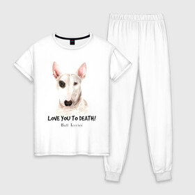 Женская пижама хлопок с принтом Бультерьер в Тюмени, 100% хлопок | брюки и футболка прямого кроя, без карманов, на брюках мягкая резинка на поясе и по низу штанин | bull terrier | dog | бультерьер | надпись надписи | собака | собаки