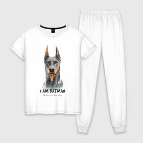 Женская пижама хлопок с принтом Доберман в Тюмени, 100% хлопок | брюки и футболка прямого кроя, без карманов, на брюках мягкая резинка на поясе и по низу штанин | Тематика изображения на принте: doberman | доберман | пинчер | собака | собаки