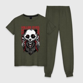 Женская пижама хлопок с принтом Панда Киллер в Тюмени, 100% хлопок | брюки и футболка прямого кроя, без карманов, на брюках мягкая резинка на поясе и по низу штанин | killer | panda | бандит | гангстер | мафия | панда | панды