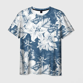 Мужская футболка 3D с принтом Tropical monochrome flowers в Тюмени, 100% полиэфир | прямой крой, круглый вырез горловины, длина до линии бедер | 