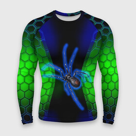 Мужской рашгард 3D с принтом Паук на ночной охоте в Тюмени,  |  | зеленая броня | зеленый неон | классный дизайн | ночь | паук | паук дизайн | паук на охоте | паук охотник | пчелиные | соты | темная футболка | футболка с пауком | черные соты