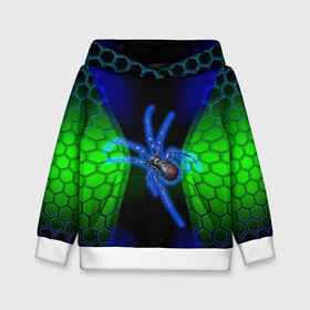 Детская толстовка 3D с принтом Паук на ночной охоте в Тюмени, 100% полиэстер | двухслойный капюшон со шнурком для регулировки, мягкие манжеты на рукавах и по низу толстовки, спереди карман-кенгуру с мягким внутренним слоем | Тематика изображения на принте: зеленая броня | зеленый неон | классный дизайн | ночь | паук | паук дизайн | паук на охоте | паук охотник | пчелиные | соты | темная футболка | футболка с пауком | черные соты