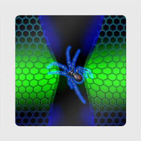 Магнит виниловый Квадрат с принтом Паук на ночной охоте в Тюмени, полимерный материал с магнитным слоем | размер 9*9 см, закругленные углы | зеленая броня | зеленый неон | классный дизайн | ночь | паук | паук дизайн | паук на охоте | паук охотник | пчелиные | соты | темная футболка | футболка с пауком | черные соты