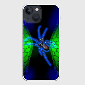 Чехол для iPhone 13 mini с принтом Паук на ночной охоте в Тюмени,  |  | зеленая броня | зеленый неон | классный дизайн | ночь | паук | паук дизайн | паук на охоте | паук охотник | пчелиные | соты | темная футболка | футболка с пауком | черные соты