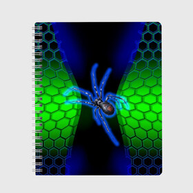Тетрадь с принтом Паук на ночной охоте в Тюмени, 100% бумага | 48 листов, плотность листов — 60 г/м2, плотность картонной обложки — 250 г/м2. Листы скреплены сбоку удобной пружинной спиралью. Уголки страниц и обложки скругленные. Цвет линий — светло-серый
 | зеленая броня | зеленый неон | классный дизайн | ночь | паук | паук дизайн | паук на охоте | паук охотник | пчелиные | соты | темная футболка | футболка с пауком | черные соты