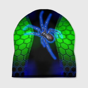 Шапка 3D с принтом Паук на ночной охоте в Тюмени, 100% полиэстер | универсальный размер, печать по всей поверхности изделия | Тематика изображения на принте: зеленая броня | зеленый неон | классный дизайн | ночь | паук | паук дизайн | паук на охоте | паук охотник | пчелиные | соты | темная футболка | футболка с пауком | черные соты