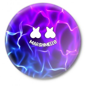 Значок с принтом Marshmello THUNDER в Тюмени,  металл | круглая форма, металлическая застежка в виде булавки | Тематика изображения на принте: christopher comstock | dj | marshmello | music | диджей | клубная музыка | клубняк | крис комсток | логотип | маршмеллоу | музыка