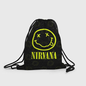 Рюкзак-мешок 3D с принтом Nirvana 1 в Тюмени, 100% полиэстер | плотность ткани — 200 г/м2, размер — 35 х 45 см; лямки — толстые шнурки, застежка на шнуровке, без карманов и подкладки | cobain | kurt | kurt cobain | nirvana | rock | smile | гитара | кобейн | курт | курт кобейн | нирвана | рок