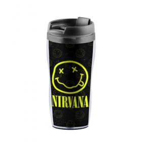Термокружка-непроливайка с принтом Nirvana 1 в Тюмени, внутренняя часть — пищевой пластик, наружная часть — прозрачный пластик, между ними — полиграфическая вставка с рисунком | объем — 350 мл, герметичная крышка | cobain | kurt | kurt cobain | nirvana | rock | smile | гитара | кобейн | курт | курт кобейн | нирвана | рок