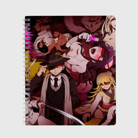 Тетрадь с принтом DANGANRONPA в Тюмени, 100% бумага | 48 листов, плотность листов — 60 г/м2, плотность картонной обложки — 250 г/м2. Листы скреплены сбоку удобной пружинной спиралью. Уголки страниц и обложки скругленные. Цвет линий — светло-серый
 | anime | bear | black  white | danganronpa | danganronpa monokid | kurokuma | monokuma | monotaro | rabbit | school | shirokuma | аниме | главарь | монокума | персонажи | чёрно белый | школа