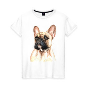 Женская футболка хлопок с принтом Французский бульдог в Тюмени, 100% хлопок | прямой крой, круглый вырез горловины, длина до линии бедер, слегка спущенное плечо | bulldog | dog | бульдог | собака | собаки | французский бульдог