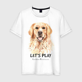 Мужская футболка хлопок с принтом Золотистый ретривер в Тюмени, 100% хлопок | прямой крой, круглый вырез горловины, длина до линии бедер, слегка спущенное плечо. | Тематика изображения на принте: golden retriever | золотистый ретривер | ретривер | собака | собаки
