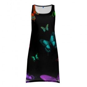 Платье-майка 3D с принтом Ночные Бабочки в Тюмени, 100% полиэстер | полуприлегающий силуэт, широкие бретели, круглый вырез горловины, удлиненный подол сзади. | butterfly | бабочка | бабочки | биология | животные | краски | крылья | насекомые | ночь | разноцветные | черный | яркие