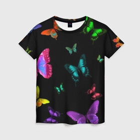 Женская футболка 3D с принтом Ночные Бабочки в Тюмени, 100% полиэфир ( синтетическое хлопкоподобное полотно) | прямой крой, круглый вырез горловины, длина до линии бедер | butterfly | бабочка | бабочки | биология | животные | краски | крылья | насекомые | ночь | разноцветные | черный | яркие