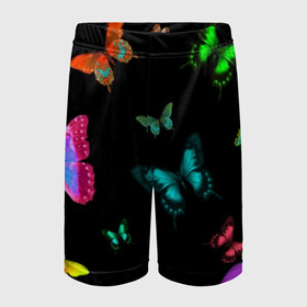Детские спортивные шорты 3D с принтом Ночные Бабочки в Тюмени,  100% полиэстер
 | пояс оформлен широкой мягкой резинкой, ткань тянется
 | Тематика изображения на принте: butterfly | бабочка | бабочки | биология | животные | краски | крылья | насекомые | ночь | разноцветные | черный | яркие