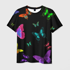 Мужская футболка 3D с принтом Ночные Бабочки в Тюмени, 100% полиэфир | прямой крой, круглый вырез горловины, длина до линии бедер | butterfly | бабочка | бабочки | биология | животные | краски | крылья | насекомые | ночь | разноцветные | черный | яркие
