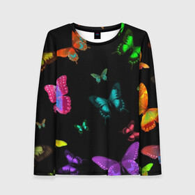 Женский лонгслив 3D с принтом Ночные Бабочки в Тюмени, 100% полиэстер | длинные рукава, круглый вырез горловины, полуприлегающий силуэт | butterfly | бабочка | бабочки | биология | животные | краски | крылья | насекомые | ночь | разноцветные | черный | яркие