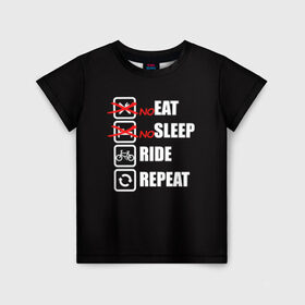 Детская футболка 3D с принтом Ride black в Тюмени, 100% гипоаллергенный полиэфир | прямой крой, круглый вырез горловины, длина до линии бедер, чуть спущенное плечо, ткань немного тянется | Тематика изображения на принте: bicycle | bike | cycle | eat | eat sleep | eat sleep repeat | eat sleep ride | eat sleep ride repeat | ride | sleep | вело | велосипед | есть | катать | повторить | спать