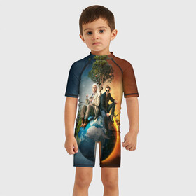 Детский купальный костюм 3D с принтом Good Omens в Тюмени, Полиэстер 85%, Спандекс 15% | застежка на молнии на спине | good omens | азирафель | ангел | благие намерения | гуд оменс | демон | кроули