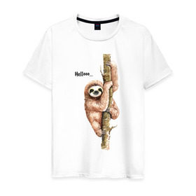 Мужская футболка хлопок с принтом Ленивец в Тюмени, 100% хлопок | прямой крой, круглый вырез горловины, длина до линии бедер, слегка спущенное плечо. | sloth | ленивец | ленивцы